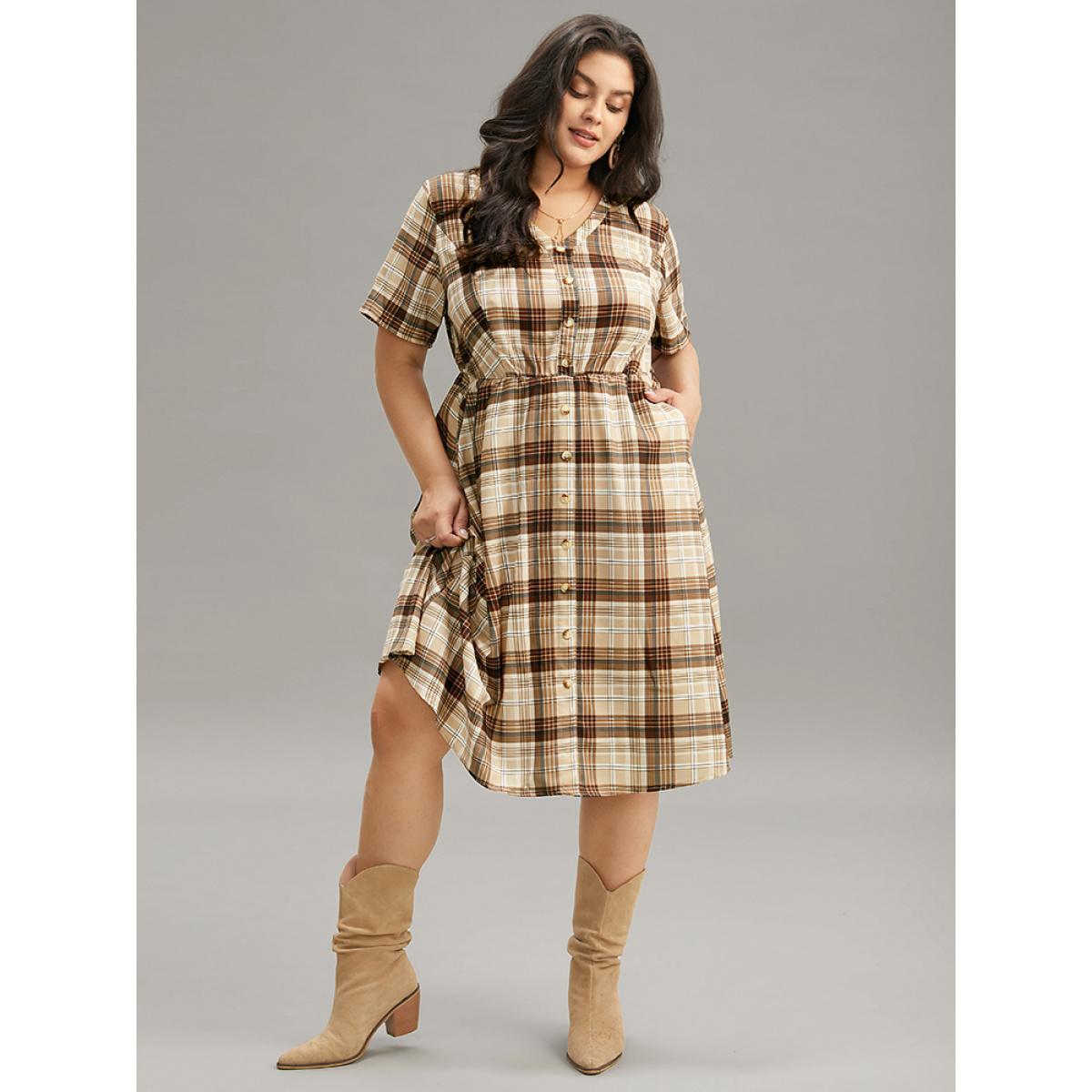 Plus Size Plaid Pocket V Neck Button Detail Dress Tan Women Casual Button V-neck Short sleeve Curvy Midi Dress BloomChic 14-16/1X Product Image