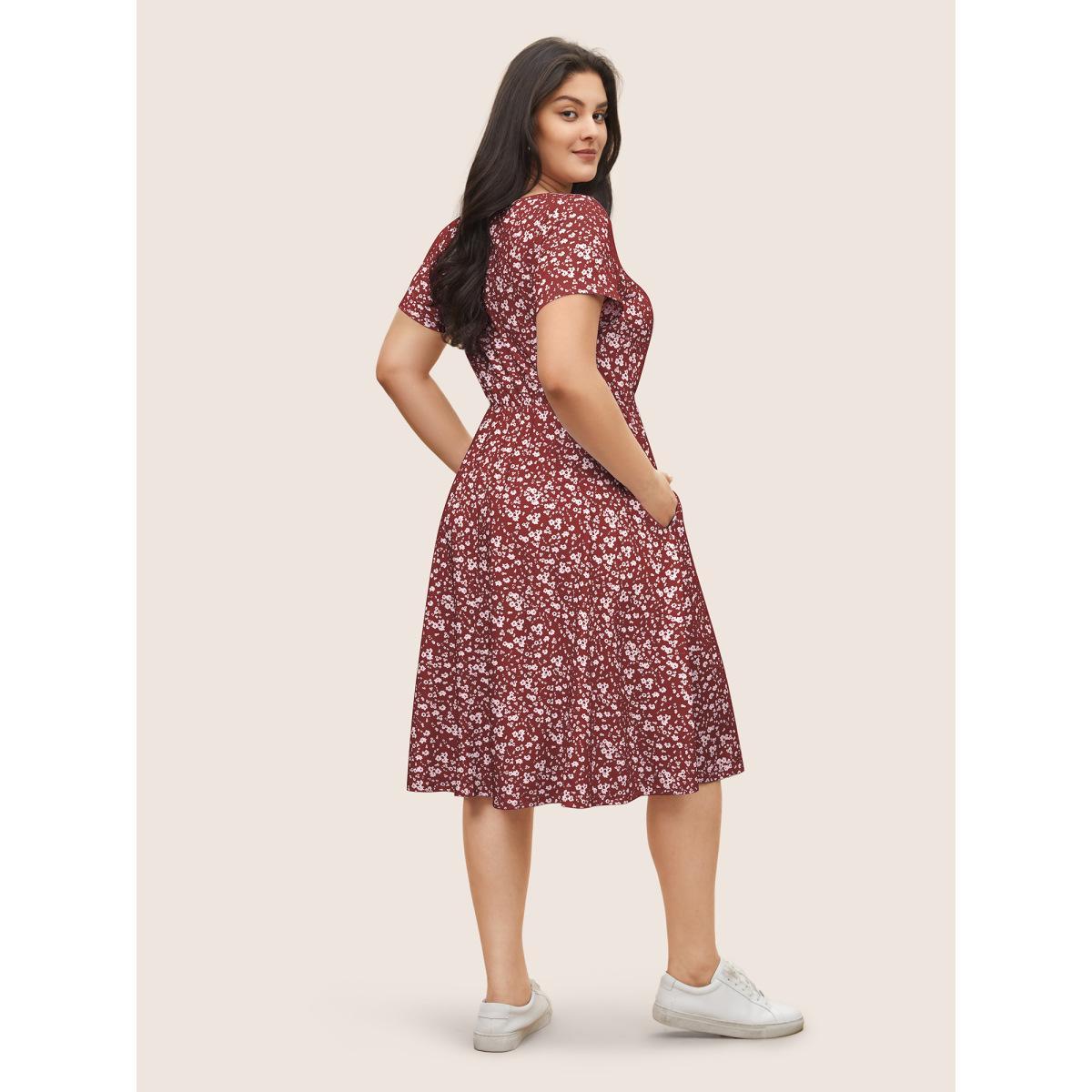 Plus Size Ditsy Floral Elastic Waist Knot Drawstring Dress Russet Women Casual Non V-neck Short sleeve Curvy Midi Dress BloomChic 22-24/3X Product Image