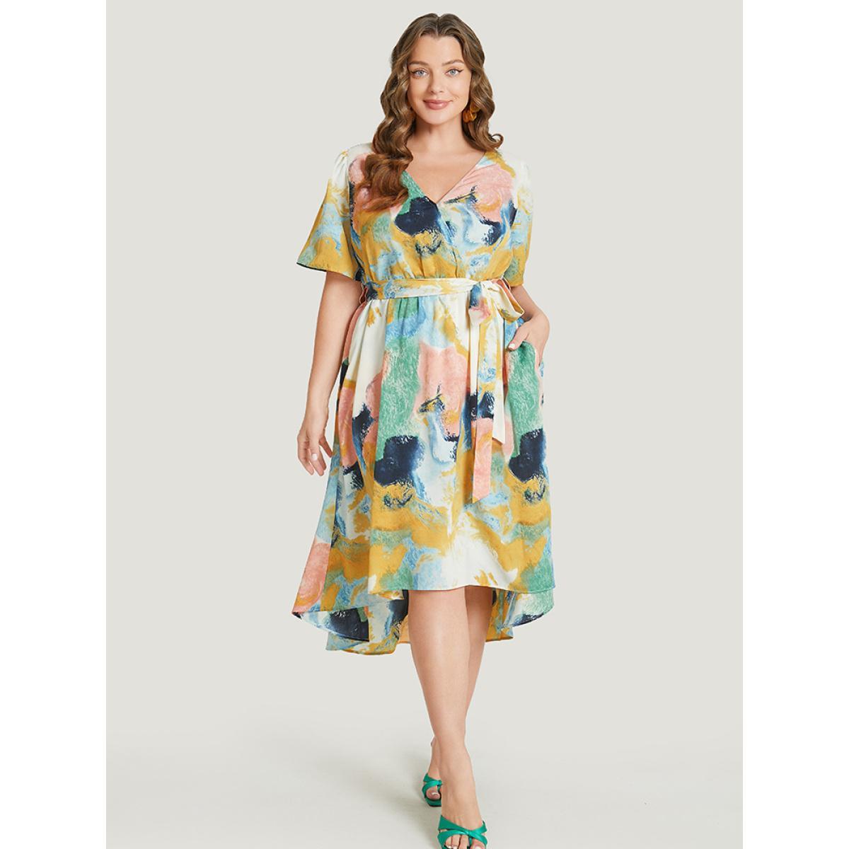 Plus Size Tie Dye Ruffle Pocket Wrap Belted High Low Dress Green Women Elegant Wrap V-neck Short sleeve Curvy Midi Dress BloomChic 10/M Product Image
