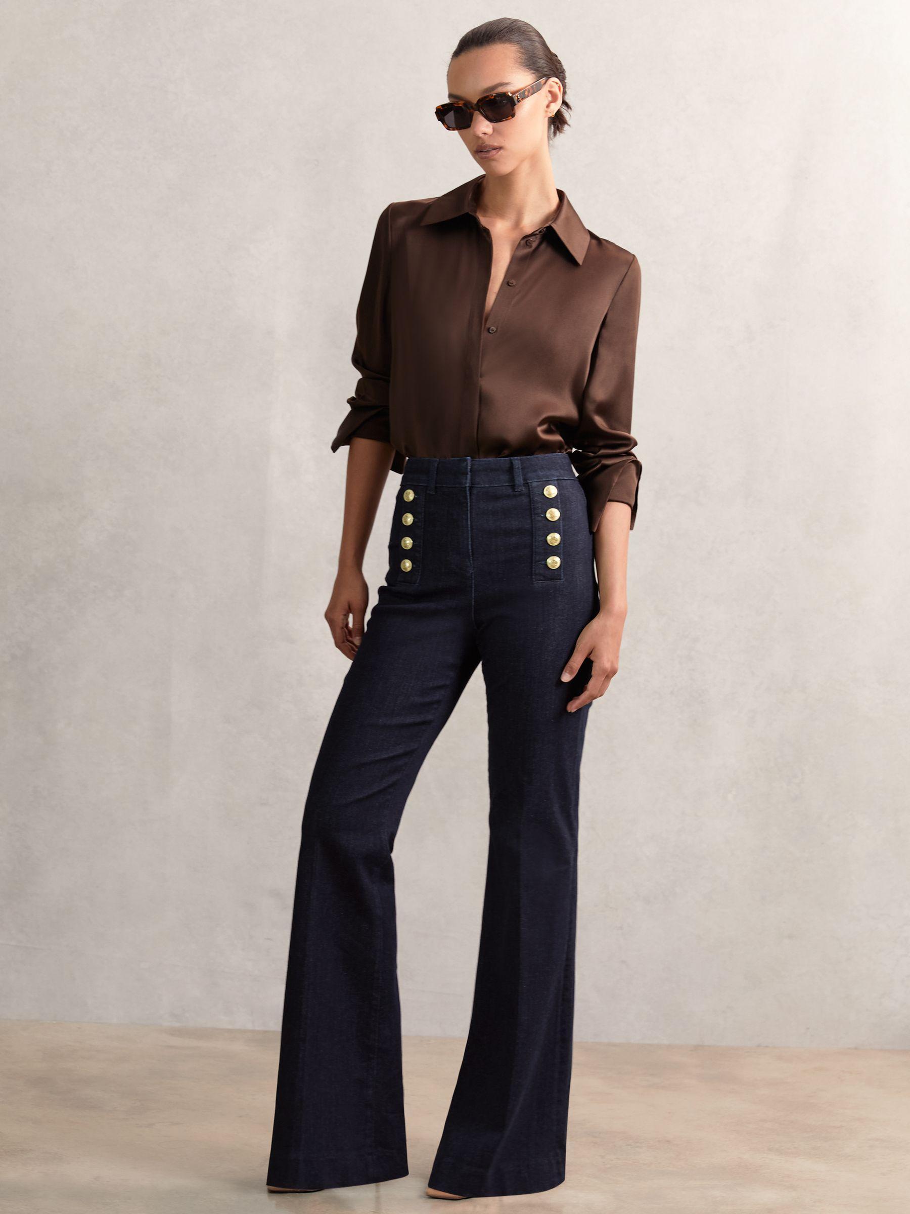 Button-Detail High-Rise Flared Jeans in Dark Blue Product Image