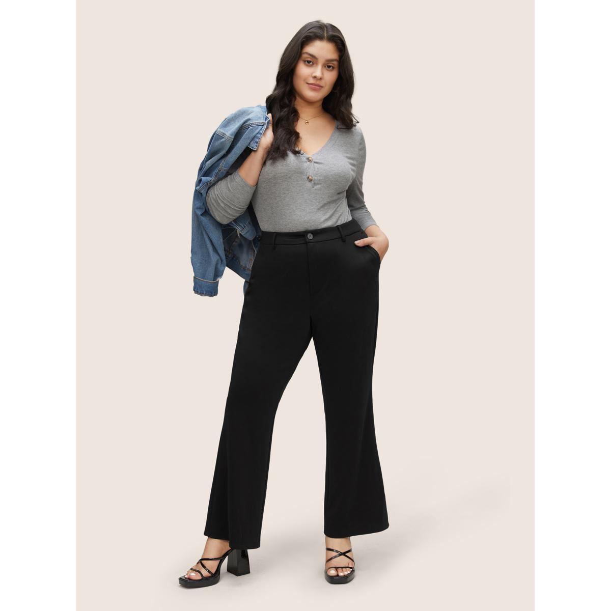 Plus Size Solid High Rise Slant Pocket Flare Leg Pants Women Black At the Office Flare Leg High Rise Work Pants BloomChic 14-16/1X Product Image
