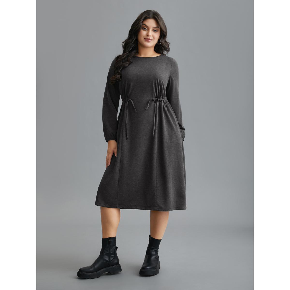 Plus Size Elastic Waist Tie Round Neck Knit Midi Dress DarkGray Women Casual Drawstring Knit Dresses Bloomchic 18-20/2X Product Image