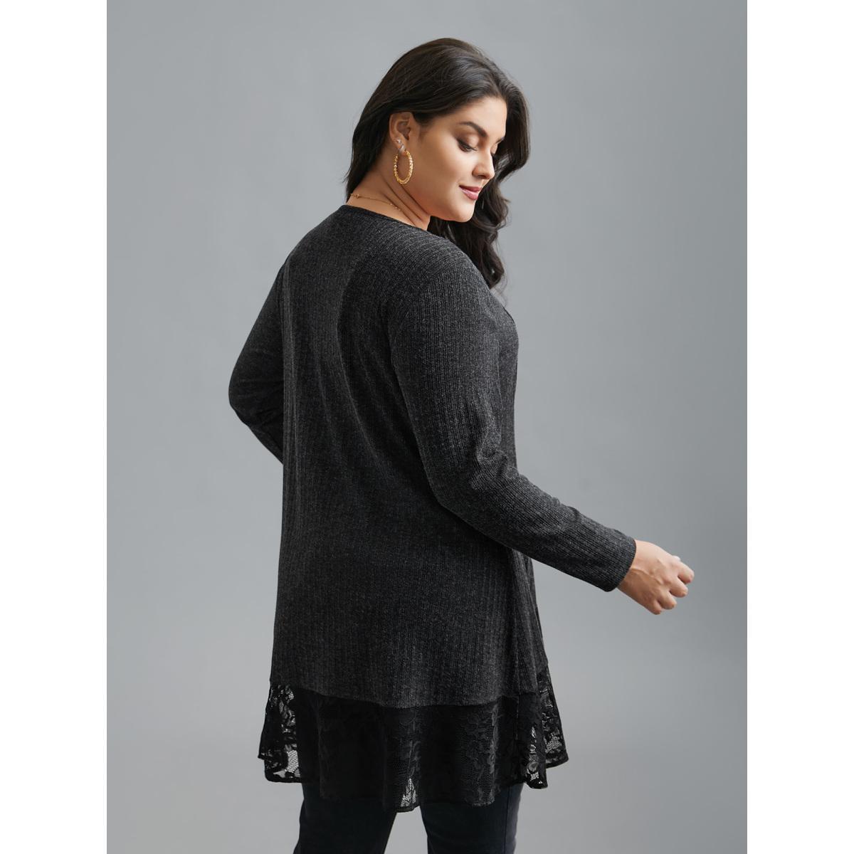 Plus Size Lace Scalloped Open Front Cardigan Women Black Texture Loose Everyday Jackets BloomChic 28/5X Product Image