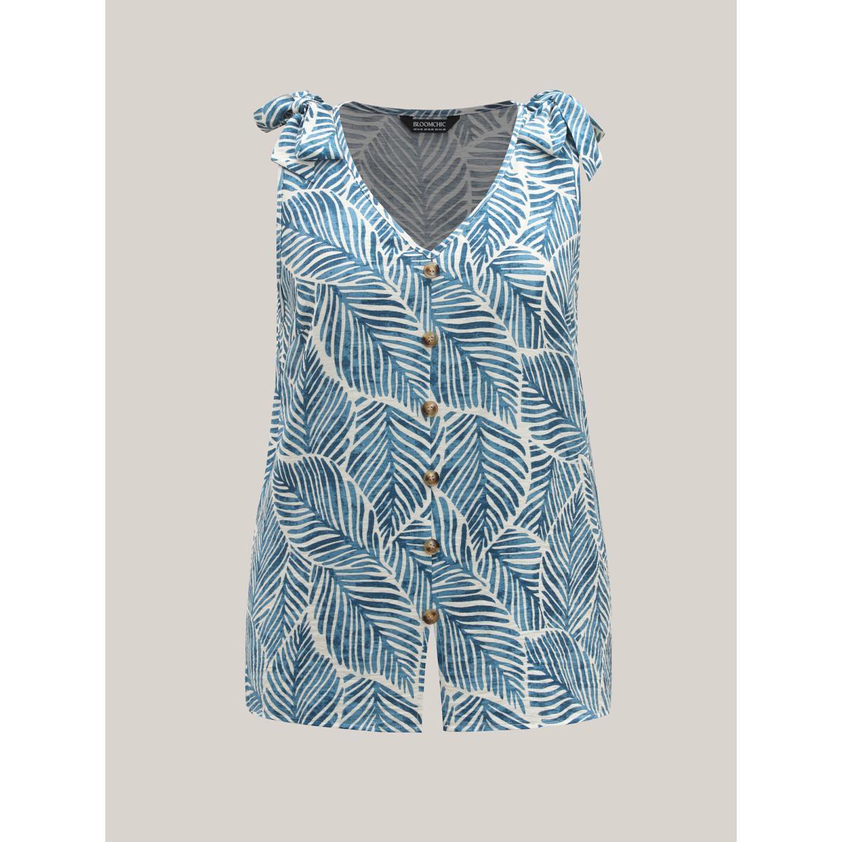 Plus Size Bow Shoulder Leaf Print Button Tank Top Women Mediumblue Tie knot V-neck Vacation Tank Tops Camis BloomChic 26/4X Product Image
