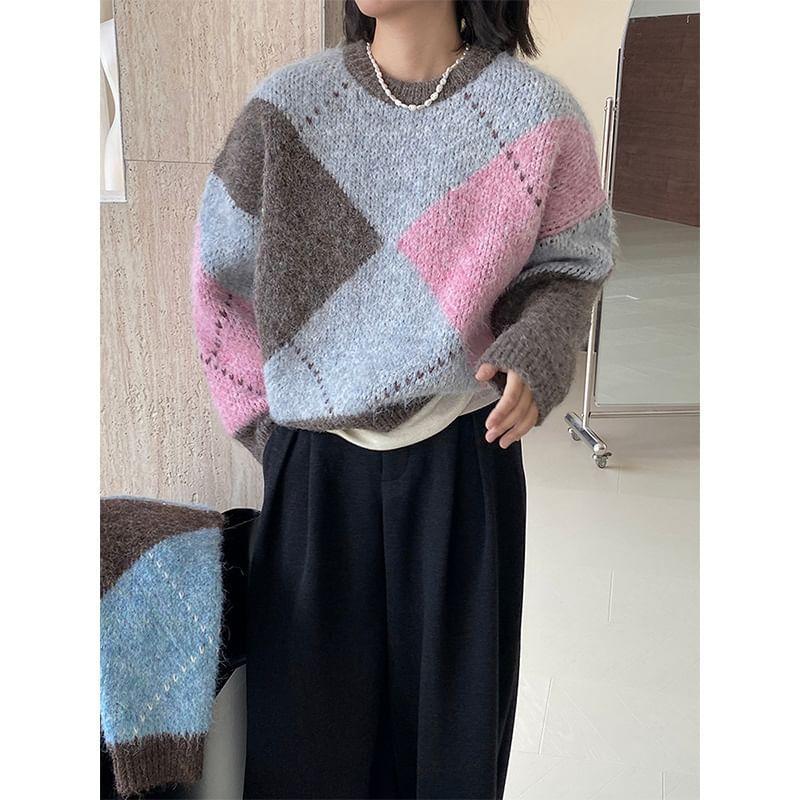 Crew Neck Argyle Sweater Product Image