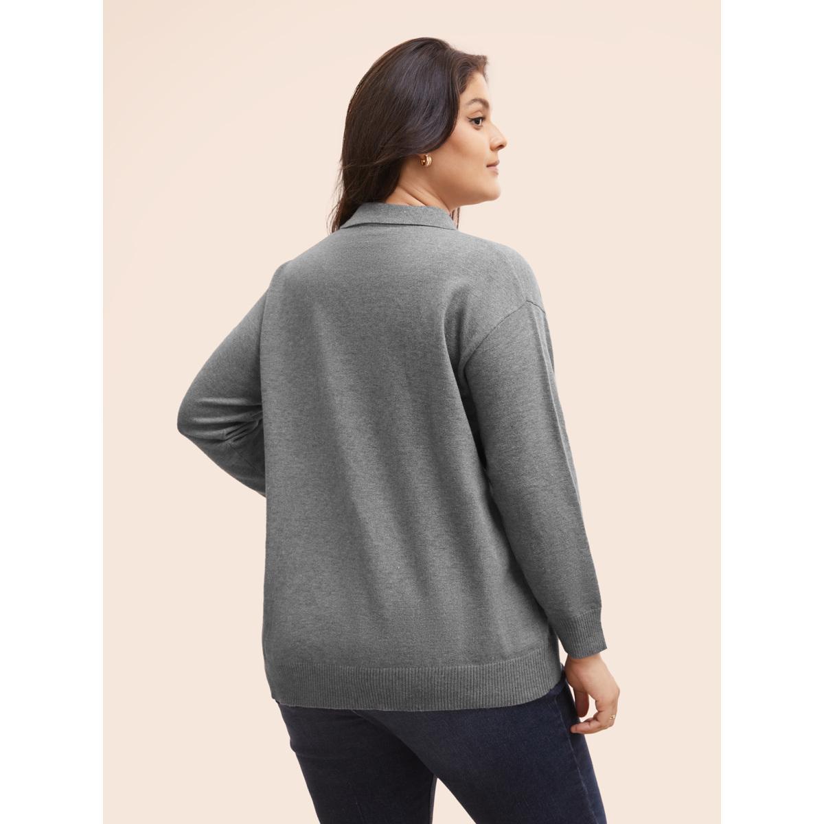 Plus Size Polo Neck Drop Shoulder Sleeve Soft Pullover DarkGray Women Casual Long Sleeve Polo Everyday Pullovers BloomChic 10/M Product Image