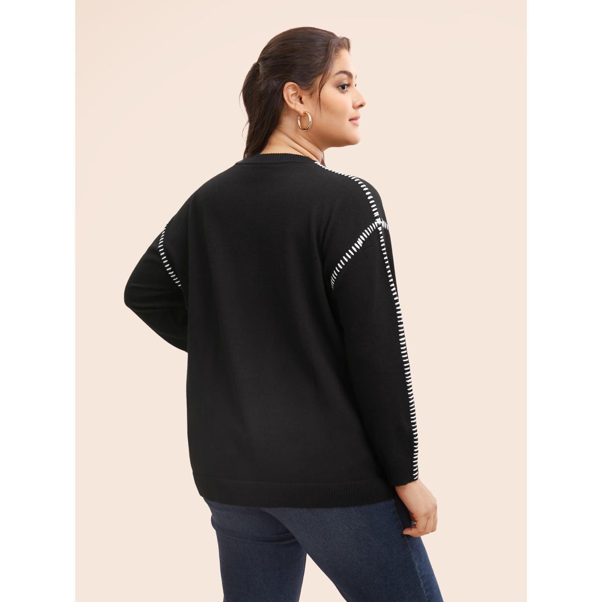 Plus Size Crew Neck Contrast Trim Drop Shoulder Pullover Black Women Casual Long Sleeve Round Neck Everyday Pullovers BloomChic 10/M Product Image