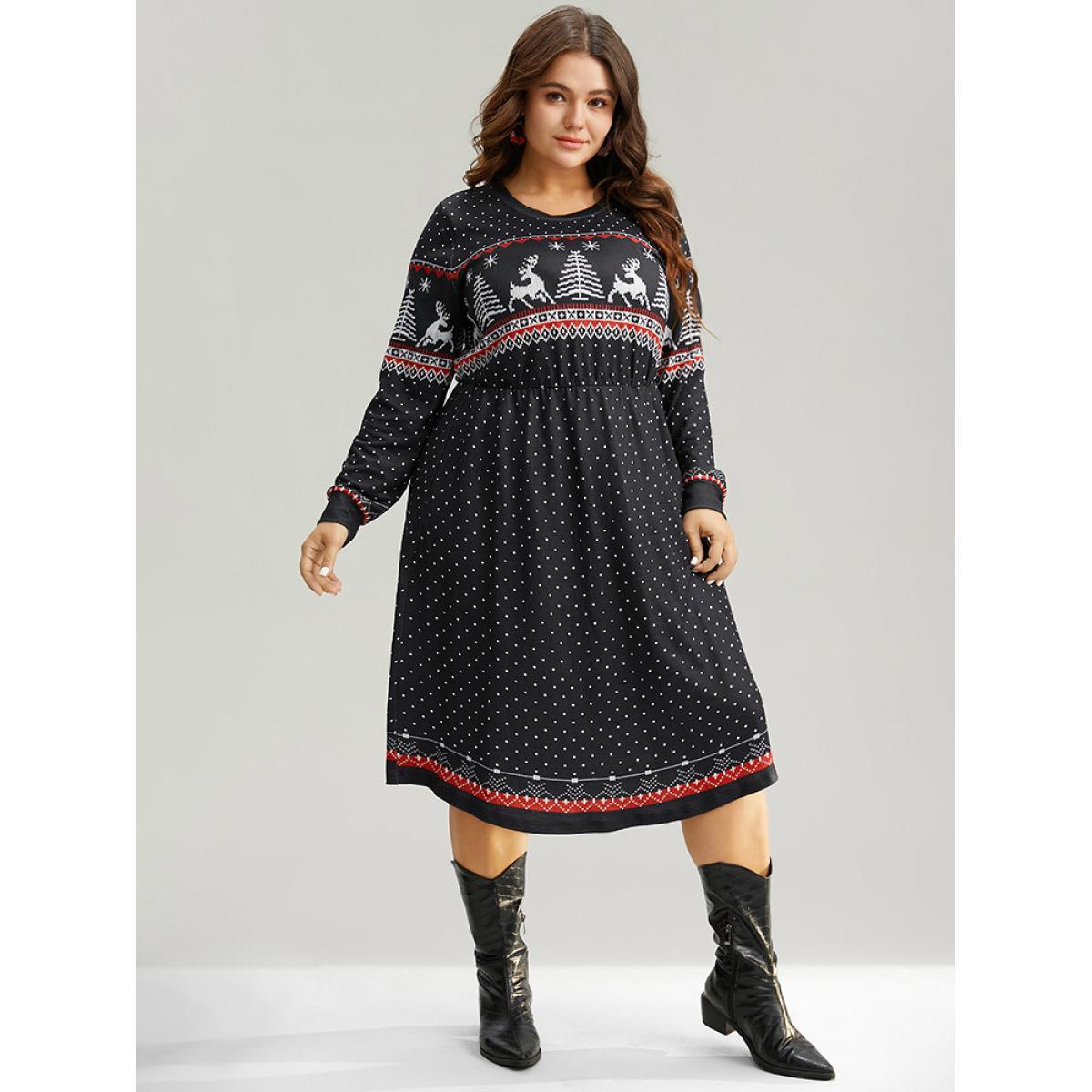 Plus Size Christmas Elk Patchwork Polka Dot Pocket Dress Black Women Casual Printed Round Neck Long Sleeve Curvy Midi Dress BloomChic 28/5X Product Image