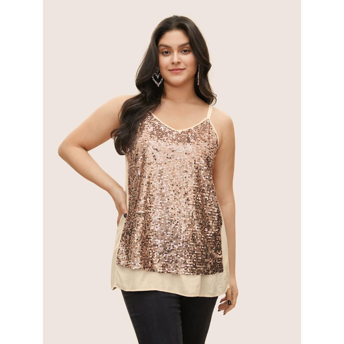 Plus Size Sequin Patchwork Adjustable Straps Cami Top Women Champagne Cocktail Tiered Party Tank Tops Camis BloomChic 12/L Product Image