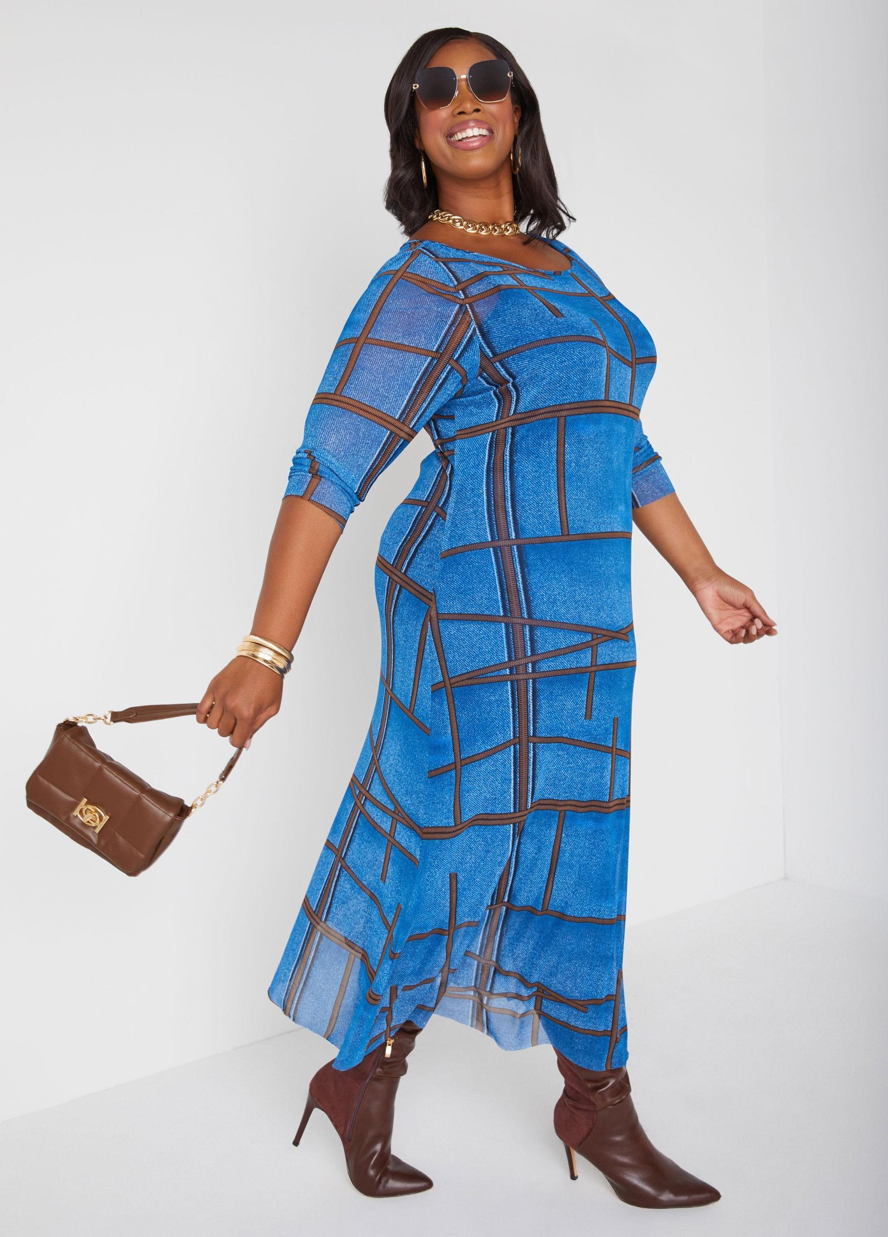 Denim Print Mesh Maxi Dress Product Image