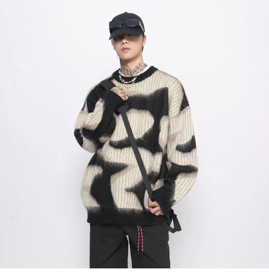 Crew Neck Patterned Ribbed Oversized Sweater Product Image