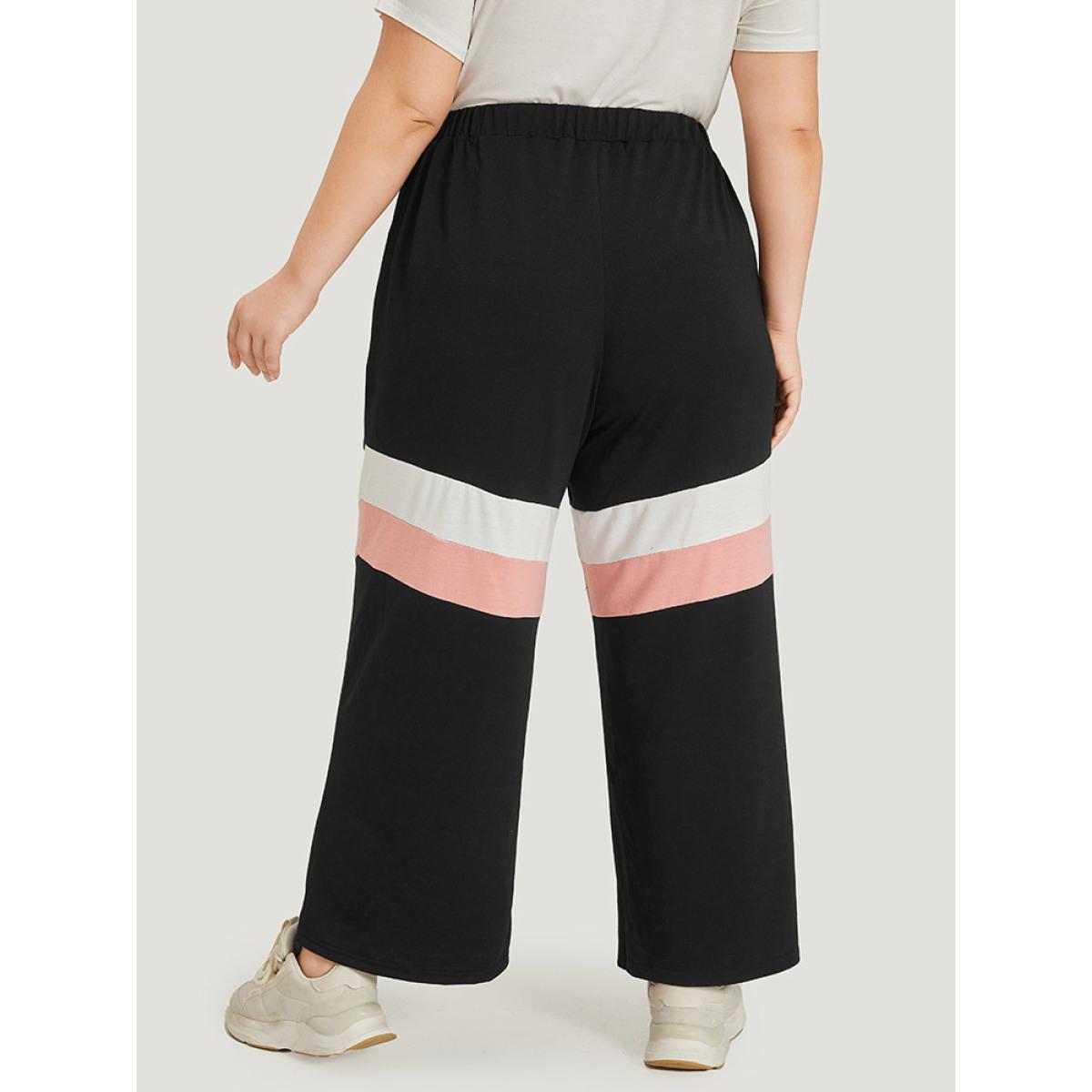 Striped Contrast Drawstring Pocket Elastic Waist Sweatpants Black Plus Size Women Casual Dailywear Contrast 30/6X Bloomchic Product Image