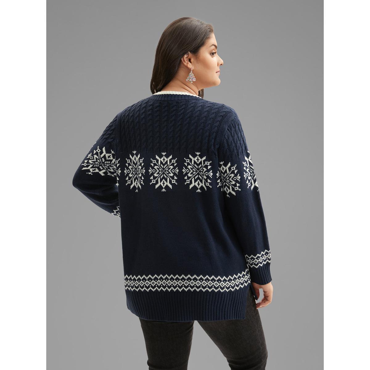 Plus Size Snowflakes Pattern Contrast Round Neck Pullover Midnight Women Casual Loose Long Sleeve Round Neck Everyday Pullovers BloomChic 28/5X Product Image