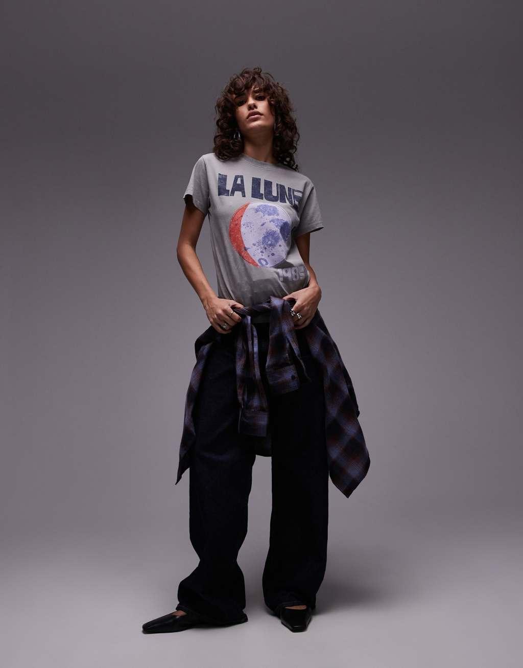Topshop graphic la lune slim tee in gray Product Image