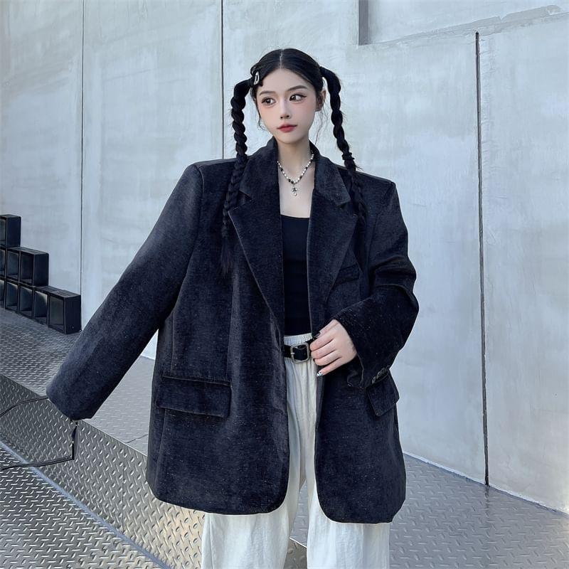 Notch Lapel Glitter Single-Breasted Oversized Velvet Blazer Product Image