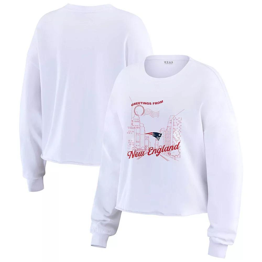 Women's WEAR by Erin Andrews White New England Patriots Postcard Cropped Long Sleeve Top, Size: 2XL Product Image