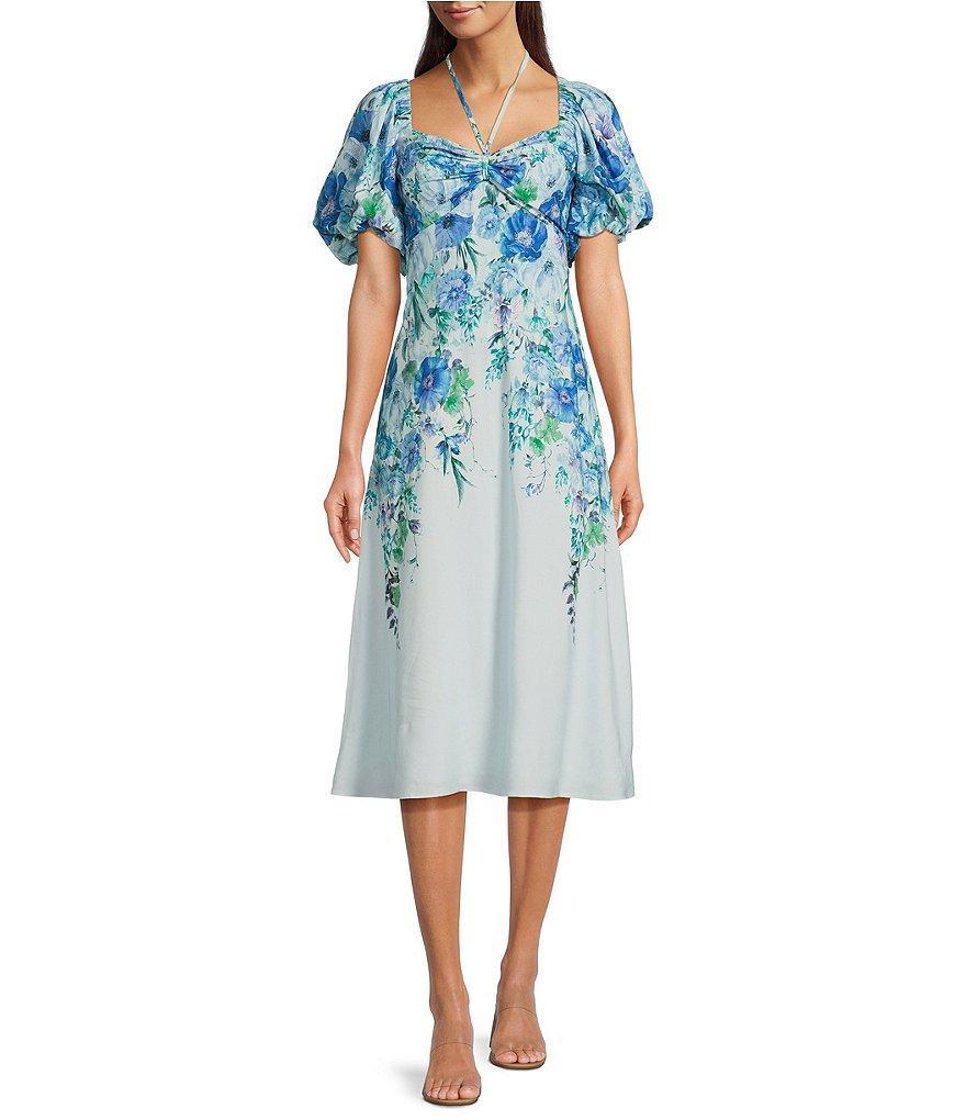 Alex Marie Monroe Pink Floral Short Puff Sleeve Sweetheart Halter Tie Neck A-Line Midi Dress Product Image