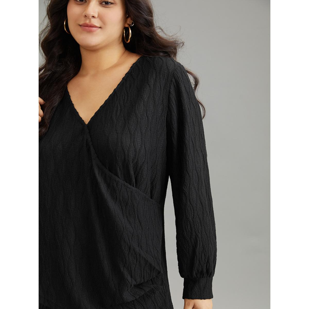 Plus Size Black Solid Jacquard Overlap Collar Crossover Blouse Women Casual Long Sleeve Overlap Collar Dailywear Blouses BloomChic 26/4X Product Image