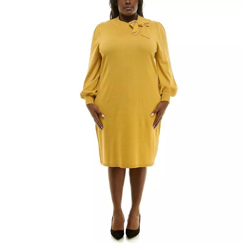 Plus Size Nina Leonard Rib Knit Dress with Bow, Women's, Size: 2XL, Black Product Image