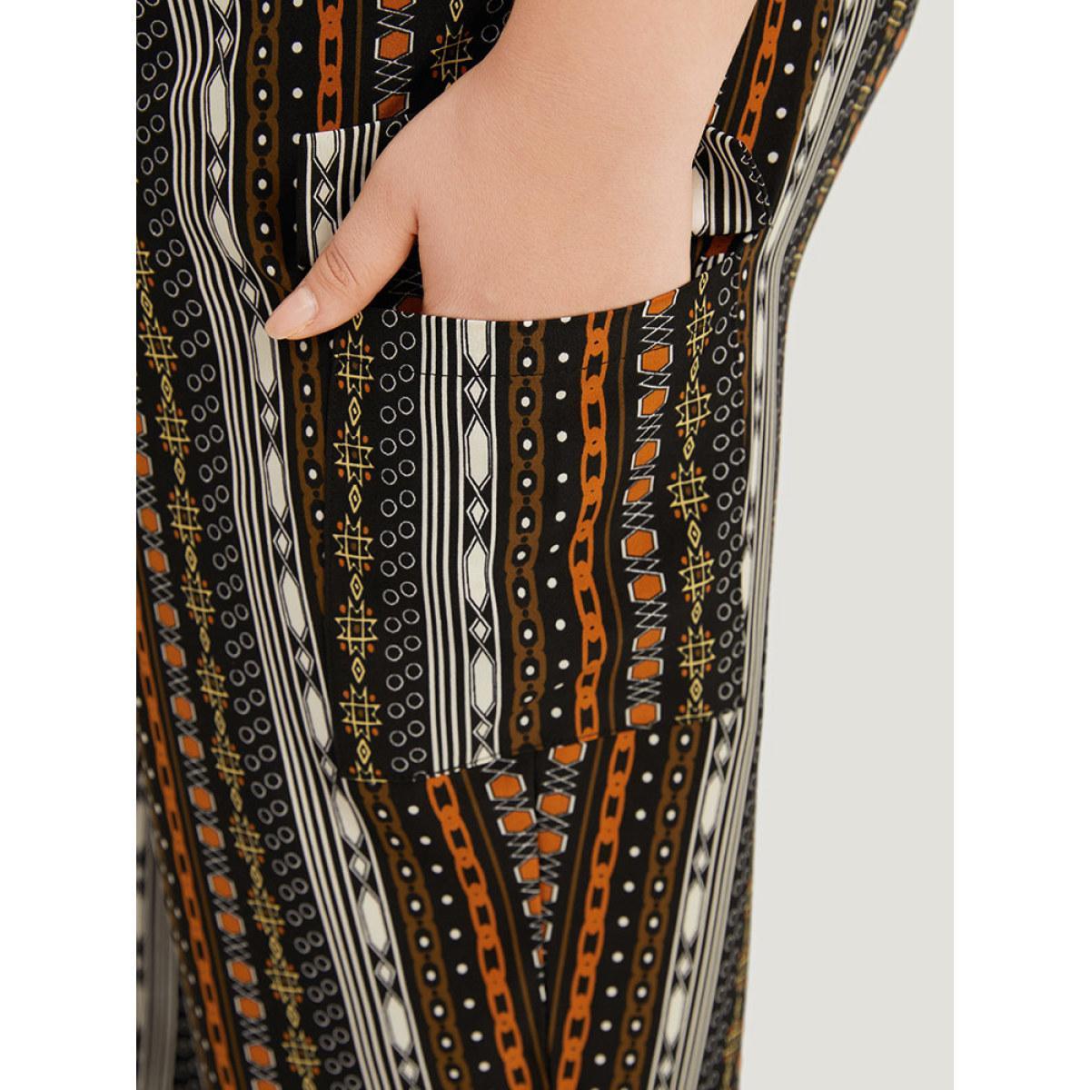 Plus Size Boho Print Pocket Drawstring Elastic Waist Pants Women Black Casual Straight Leg High Rise Dailywear Pants BloomChic 14-16/1X Product Image