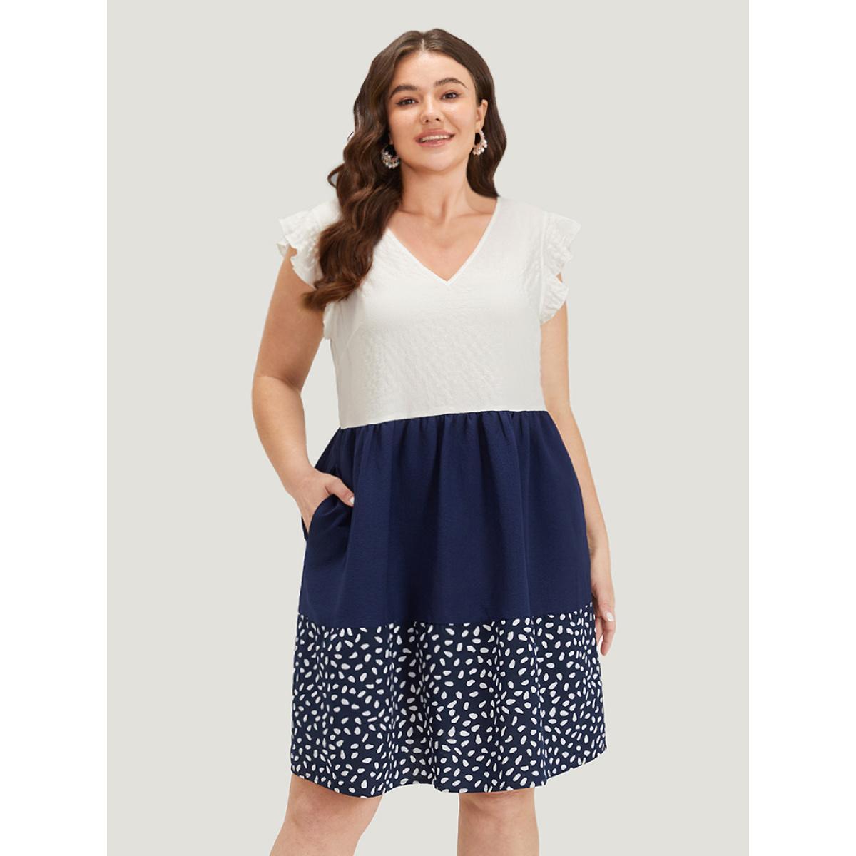 Plus Size Water Drop Print Patchwork Ruffle Cap Sleeve Pocket Dress DarkBlue Women Elegant Contrast V-neck Cap Sleeve Curvy Knee Dress BloomChic 28/5X Product Image