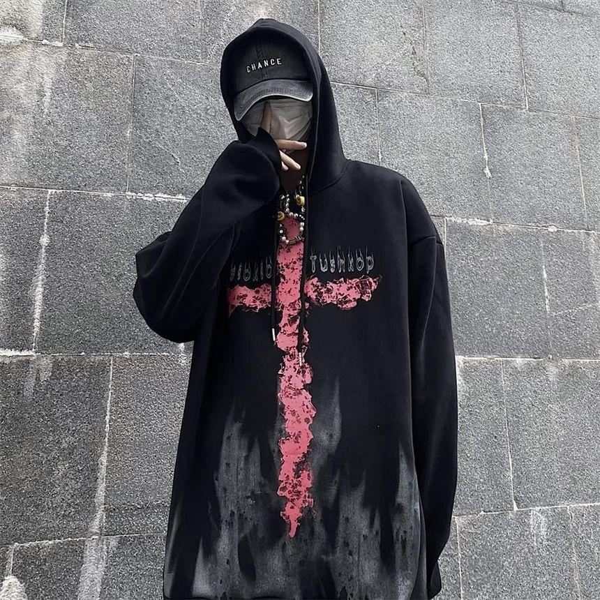 Long Sleeve Crewneck Cross Print Oversized Hoodie Product Image