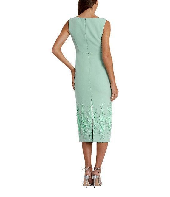 Mac Duggal Boat Neck Sleeveless 3D Floral Applique Crepe Sheath Midi Dress Product Image