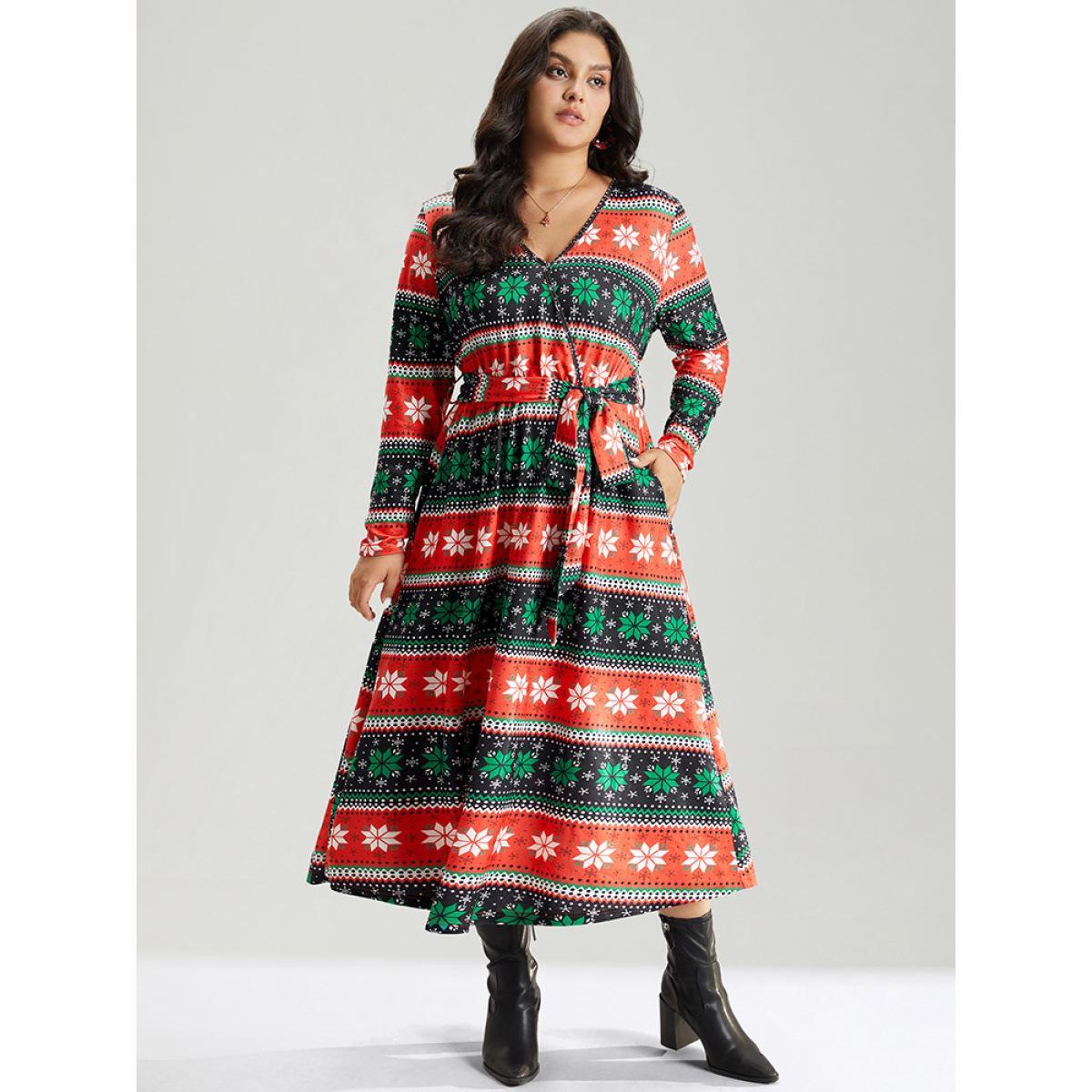 Plus Size Snowflake Print Contrast Belted Surplice Neck Dress Multicolor Women Elegant Wrap Overlap Collar Long Sleeve Curvy Midi Dress BloomChic 18-20/2X Product Image
