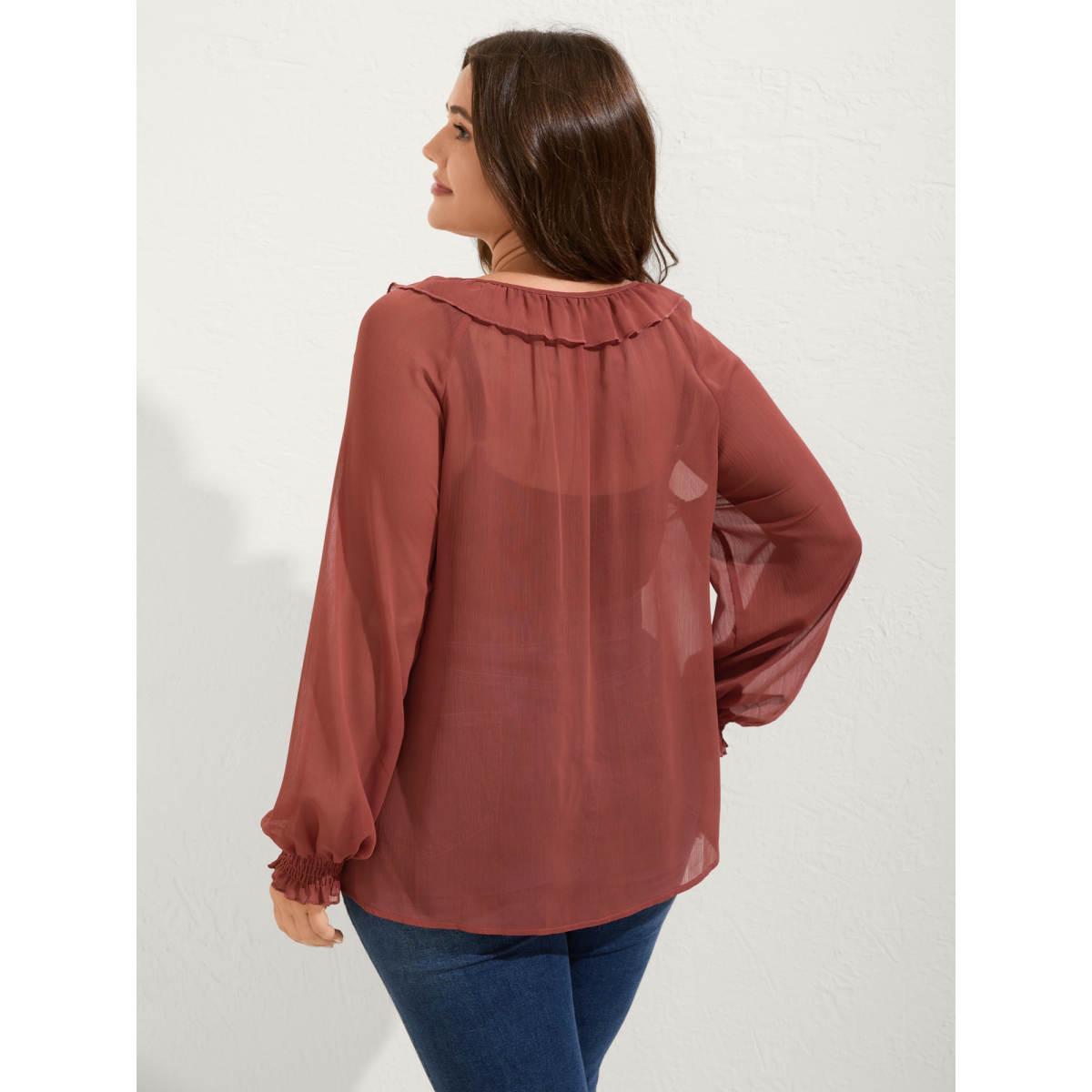 Plus Size Rust Sheer Ruffled Neck Flowy Solid Blouse Women Extra Long Sleeve Notched collar Vacation Blouses BloomChic 14-16/1X Product Image
