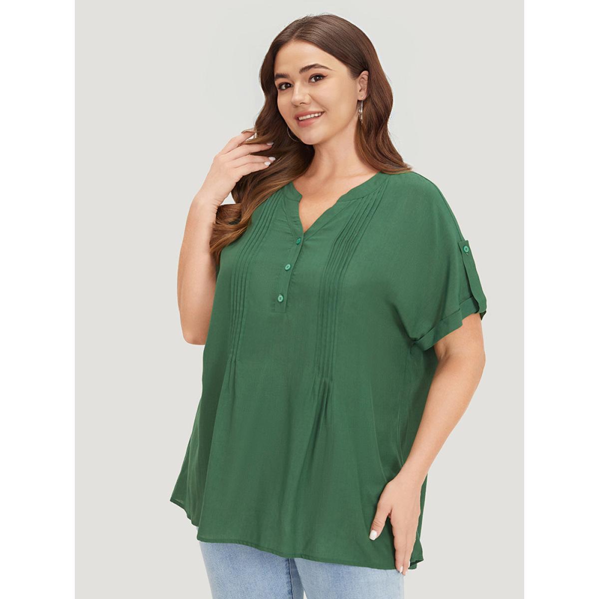 Plus Size ArmyGreen Solid Cuffed Sleeve Pleated Notched Blouse Women Elegant Short sleeve Notched collar Dailywear Blouses BloomChic 12/L Product Image