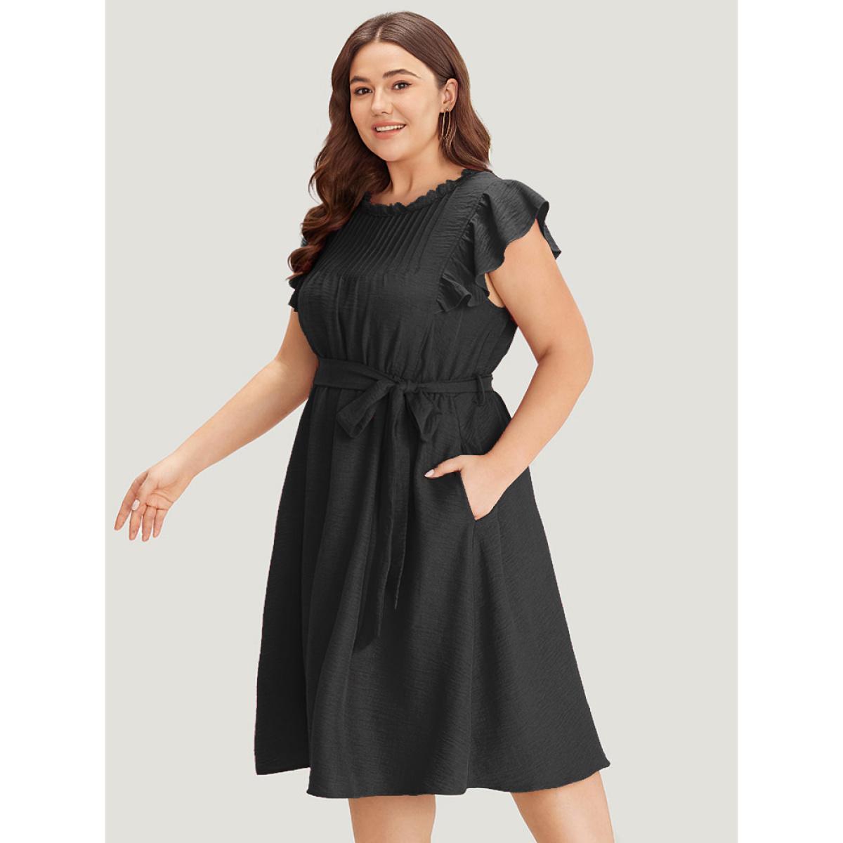 Plus Size Solid Pocket Lace Insert Pleated Flutter Sleeve Dress Black Women Office Gathered Round Neck Sleeveless Curvy Knee Dress BloomChic 10/M Product Image