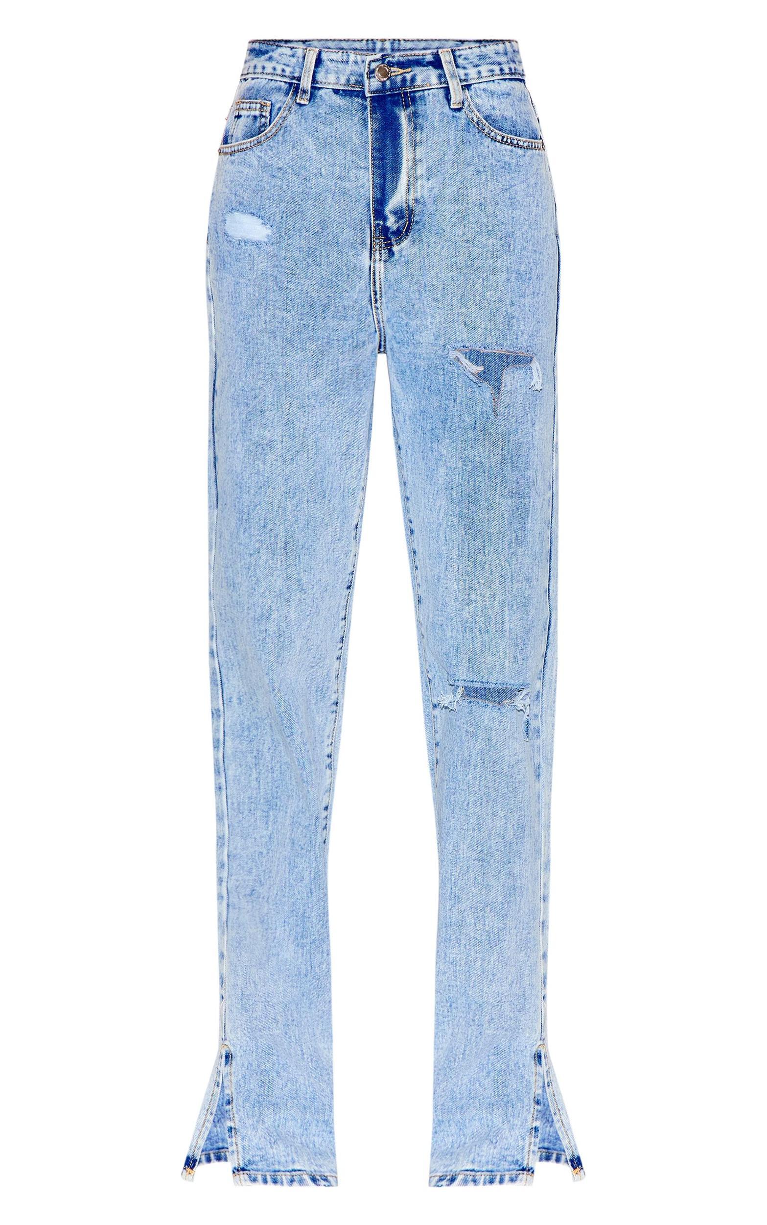 Ice Blue Ripped Split Hem Jeans Product Image