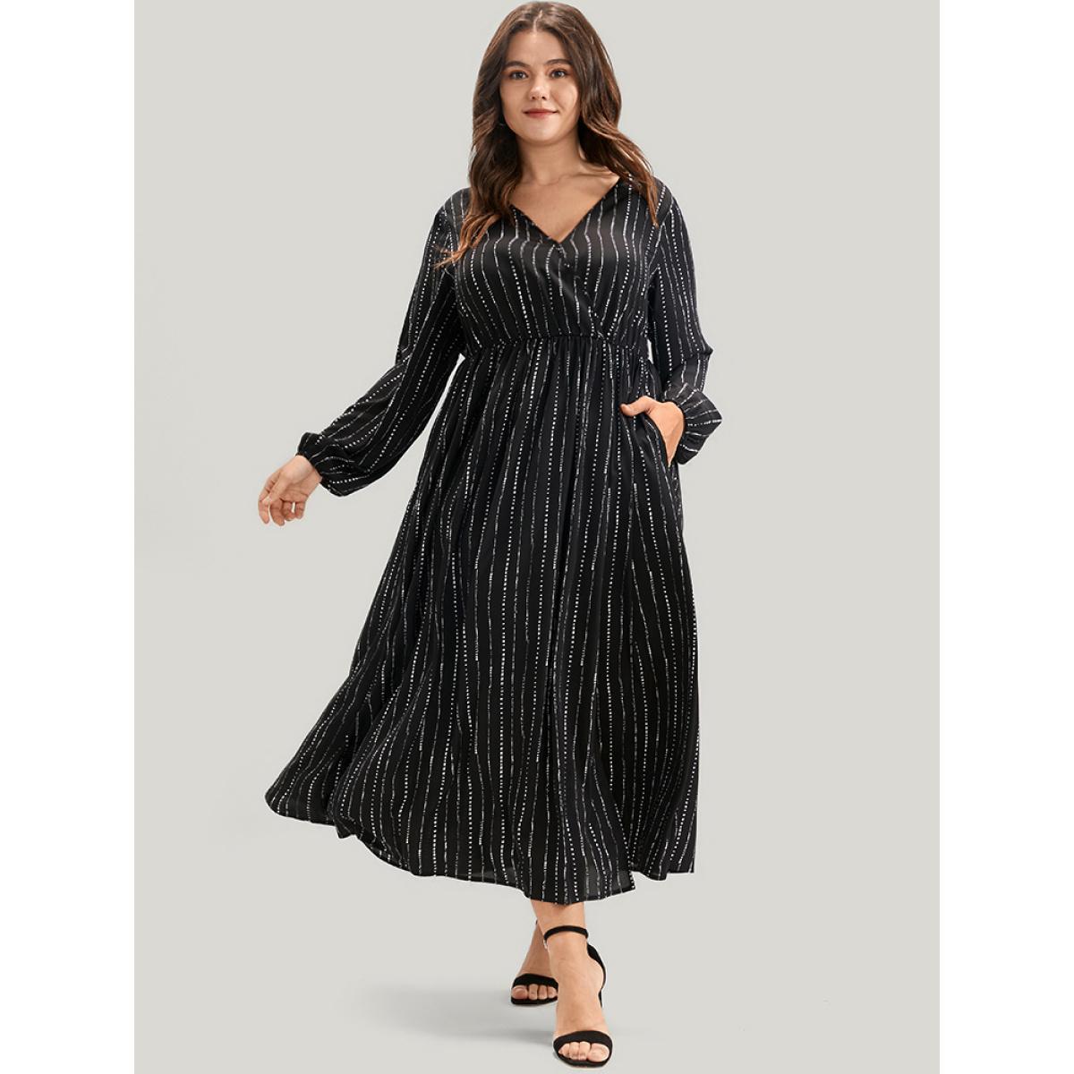 Plus Size Striped Lantern Sleeve Pocket Split Wrap Midi Dress Black Women Elegant Pocket V-neck Long Sleeve Curvy Midi Dress BloomChic 28/5X Product Image