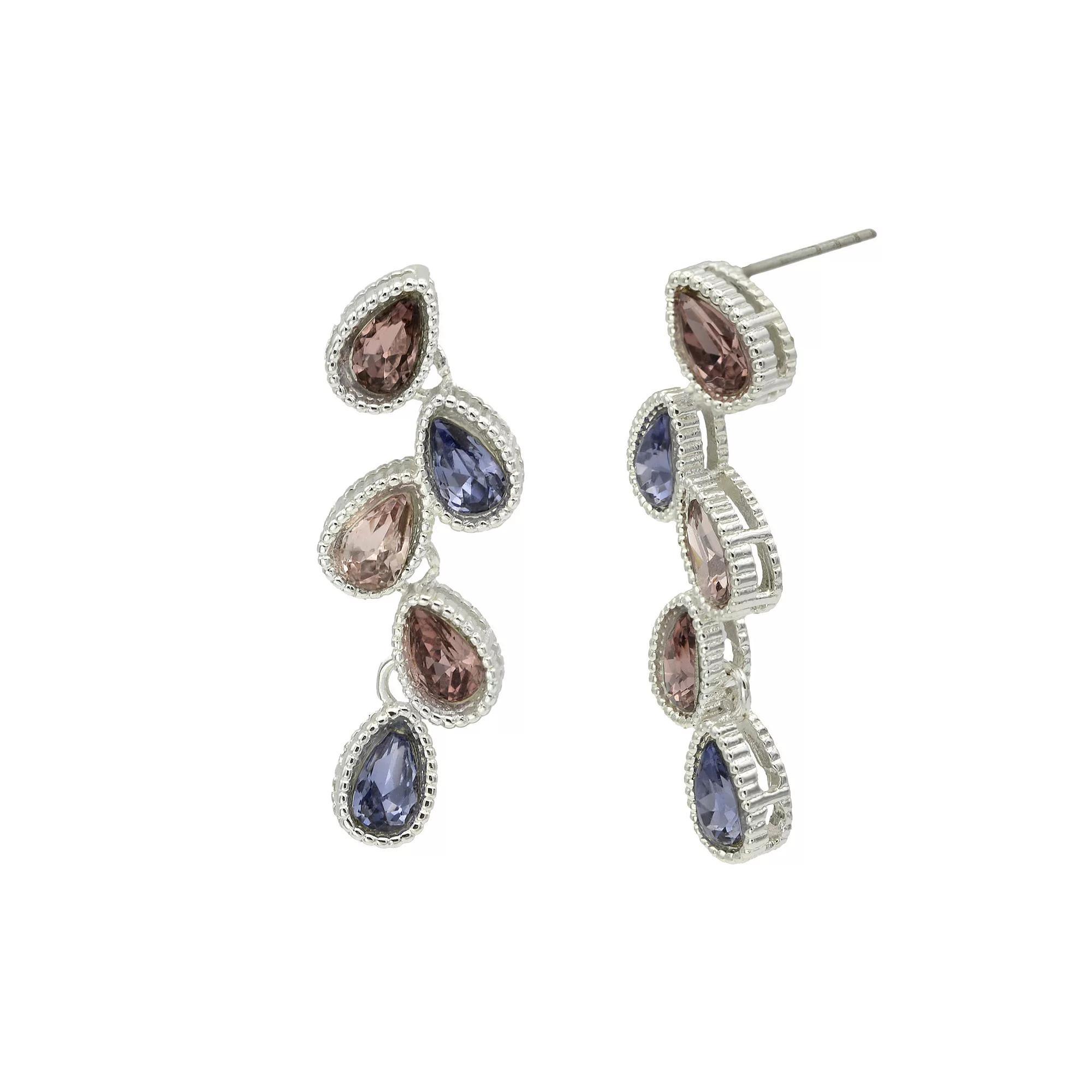 City Luxe Silver Tone Multi-Color Crystal Pear Linear Drop Earrings, Women's, Silver Tone Purple Product Image