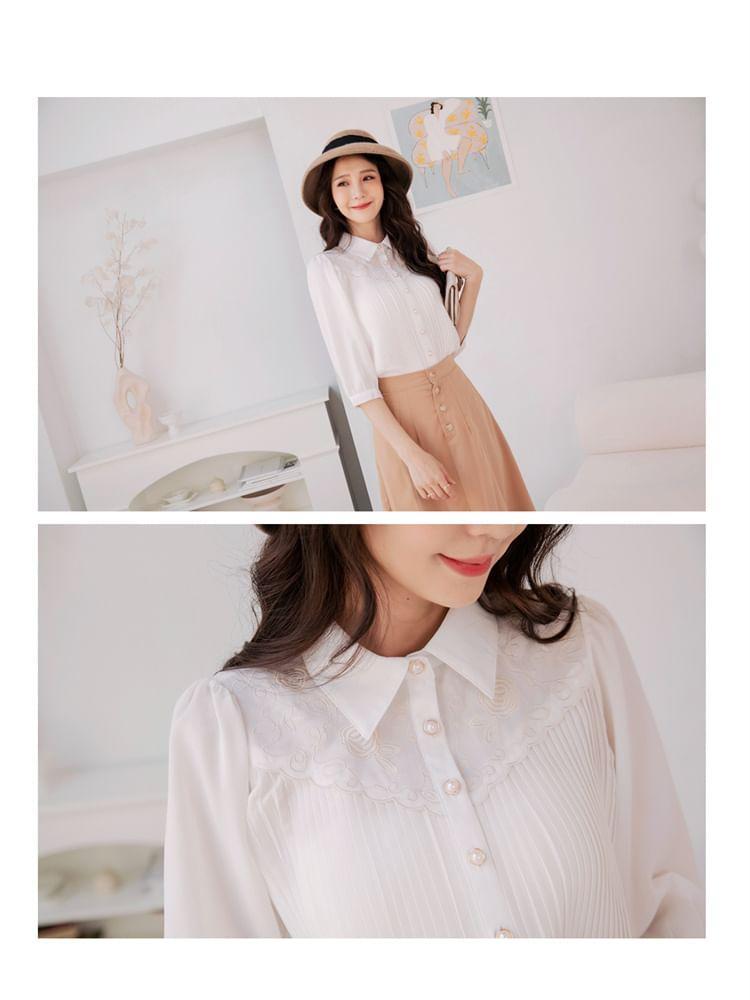 Elbow-Sleeve Plain Lace Trim Shirt Product Image