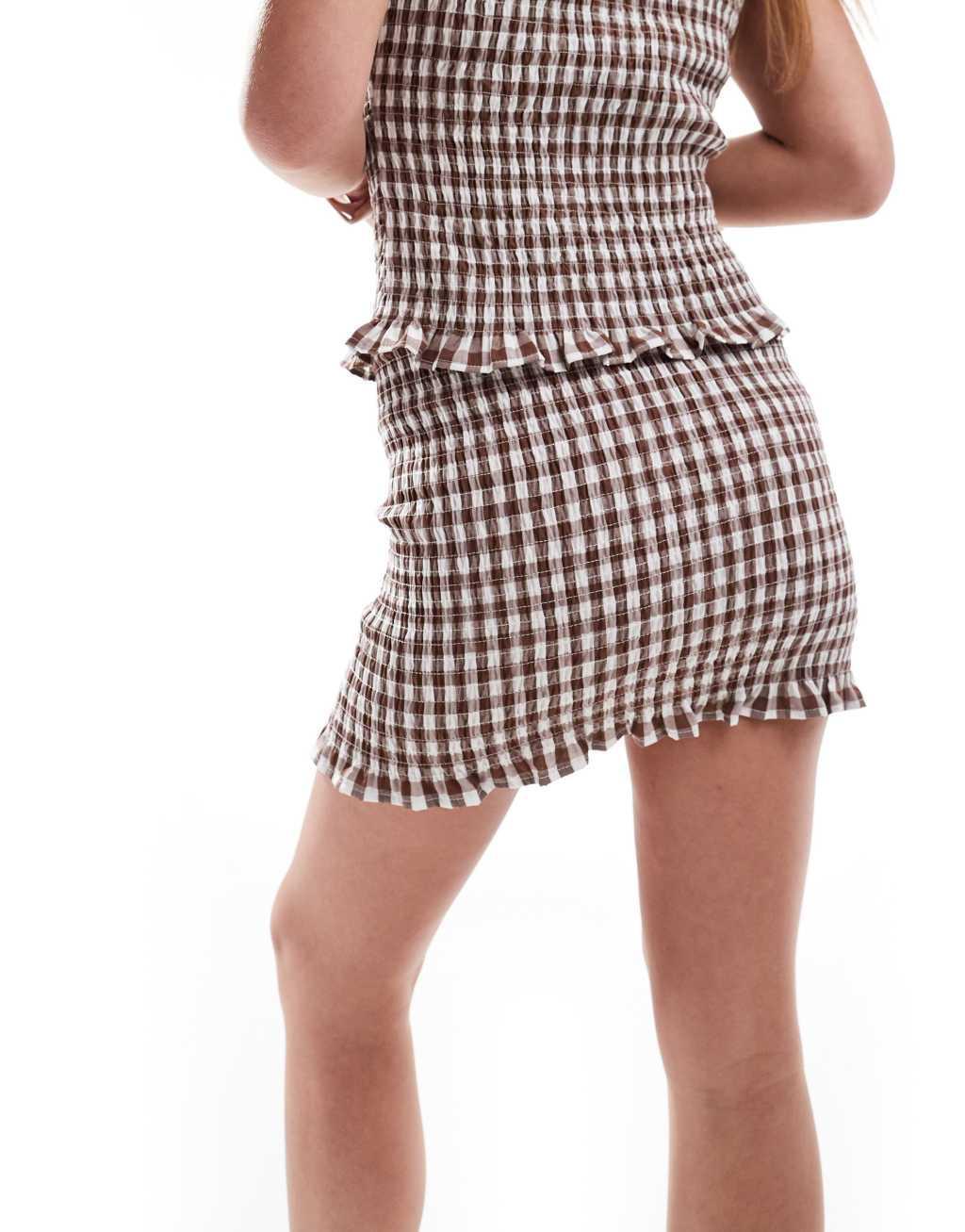 ASOS DESIGN shirred mini skirt in brown gingham - part of a set Product Image