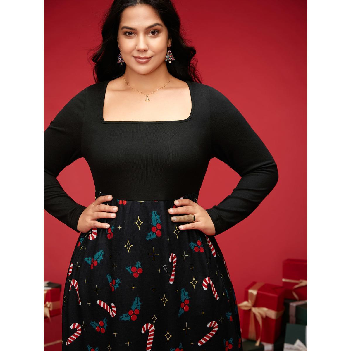 Plus Size Festive Knit Printed Skirt Midi Dress Black Women Elegant Patchwork Party Curvy Bloomchic 22-24/3X Product Image