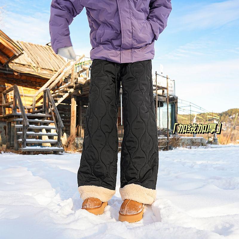 Drawstring Waist Embroidered Quilted Fleece-Lined Wide Leg Pants Product Image