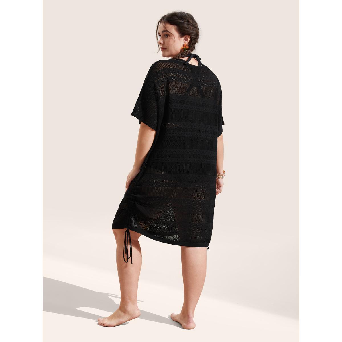 Plus Size Deep V Neck Cut Out Drawstring Swim Cover Up Women's Swimwear Black Beach Loose Cut-Out Curve Swim Cover Ups BloomChic 26/4X Product Image