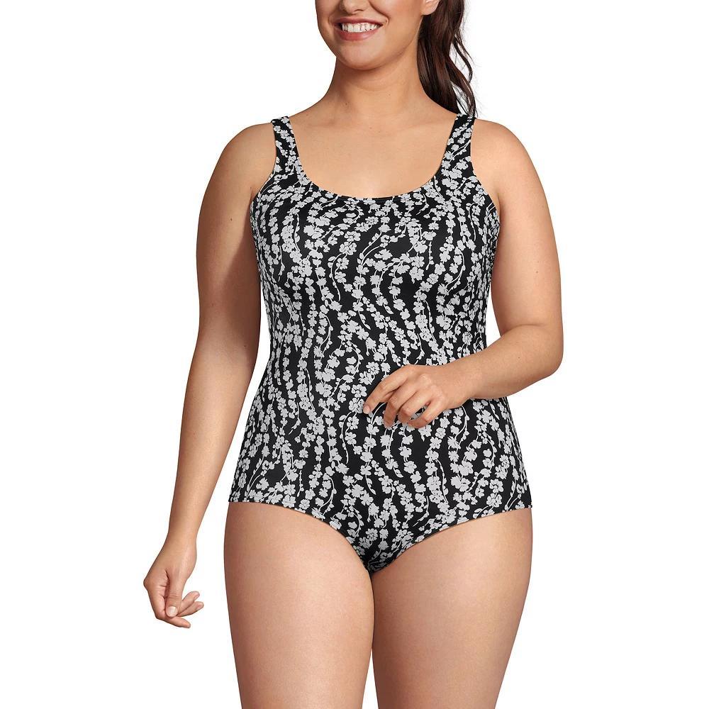 Plus Size Lands' End Tugless UPF 50 Sporty One-Piece Swimsuit, Women's, Size: 24 W, Black White Floral Product Image