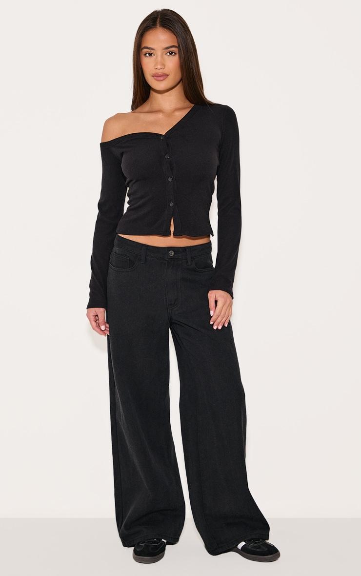 Black Soft Touch Rib Asymmetric Detail Long Sleeve Top Product Image