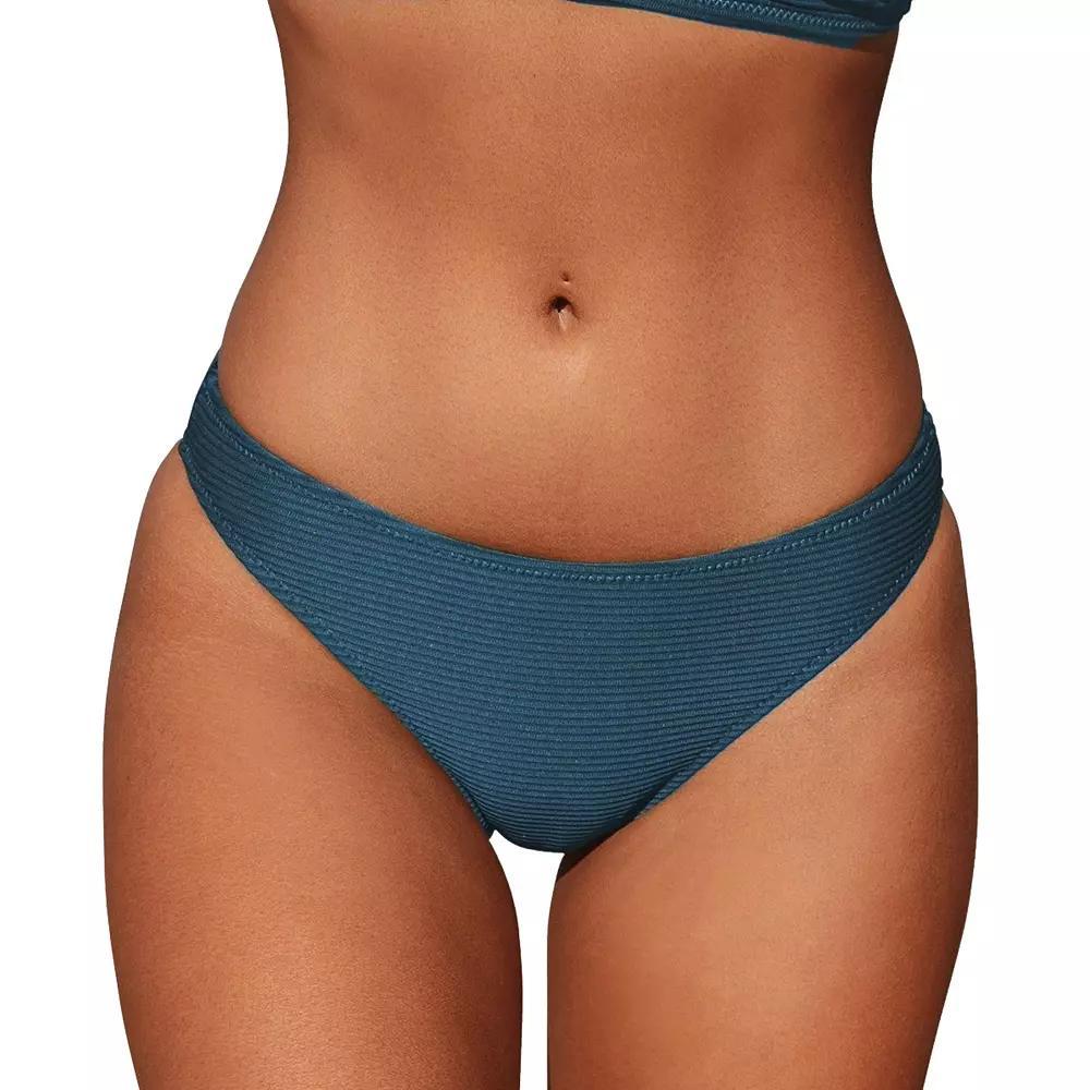 Women's Cupshe Ribbed Low Waisted Mid Cut Cheeky Bikini Bottoms, Size: Medium, Blue Product Image