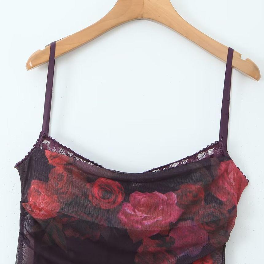 Spaghetti Strap Floral Print Ruched Mesh Maxi Sheath Dress Product Image