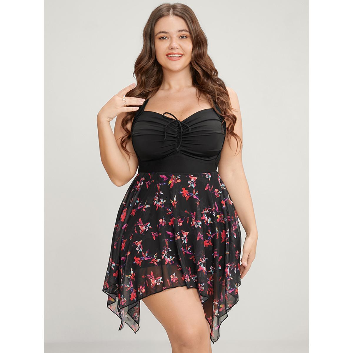 Mesh Adjustable Straps Plus Size Women Tropical Swim Dress Very Stretchy Bodycon Sleeveless V Neck Vacation Swim Dresses BloomChic Product Image