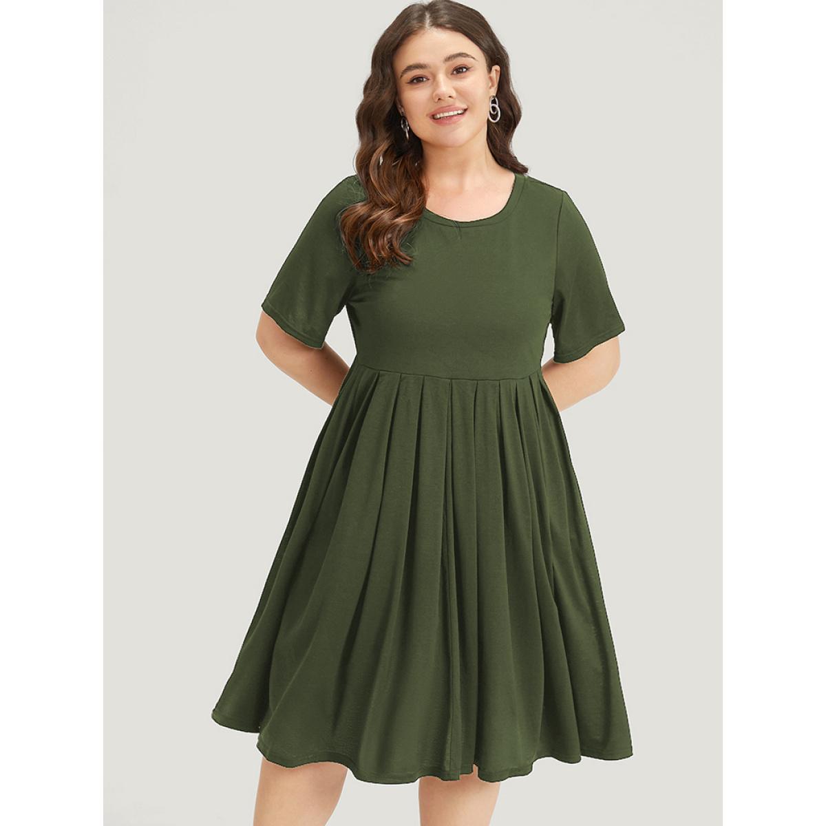 Plus Size Supersoft Essentials Solid Pleated Round Neck Midi Dress ArmyGreen Women Casual Plain Round Neck Short sleeve Curvy Midi Dress BloomChic 18-20/2X Product Image
