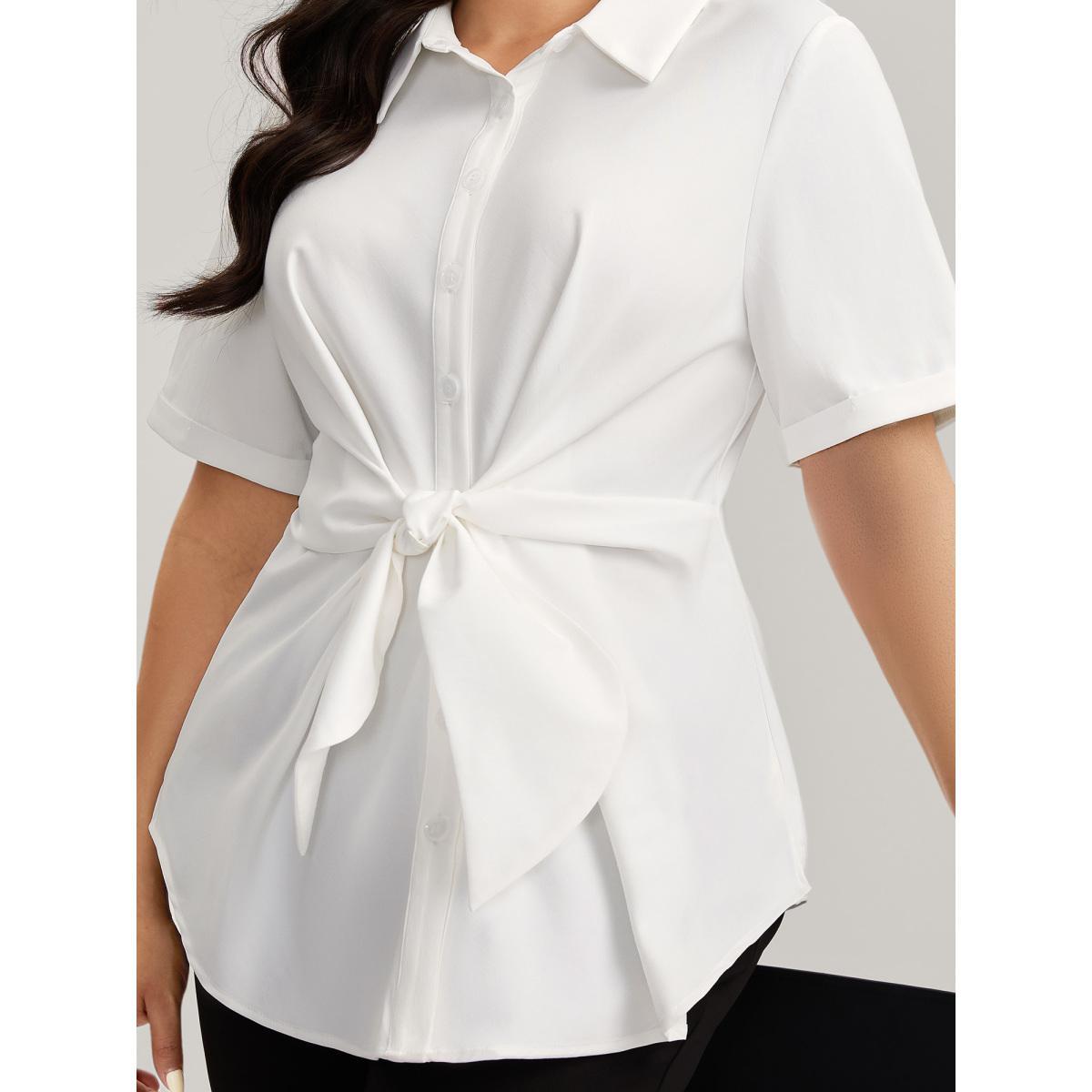 Plus Size Originalwhite Knotted Front Asymmetrical Hem Blouse Women Short sleeve Shirt collar Work Blouses BloomChic 10/M Product Image