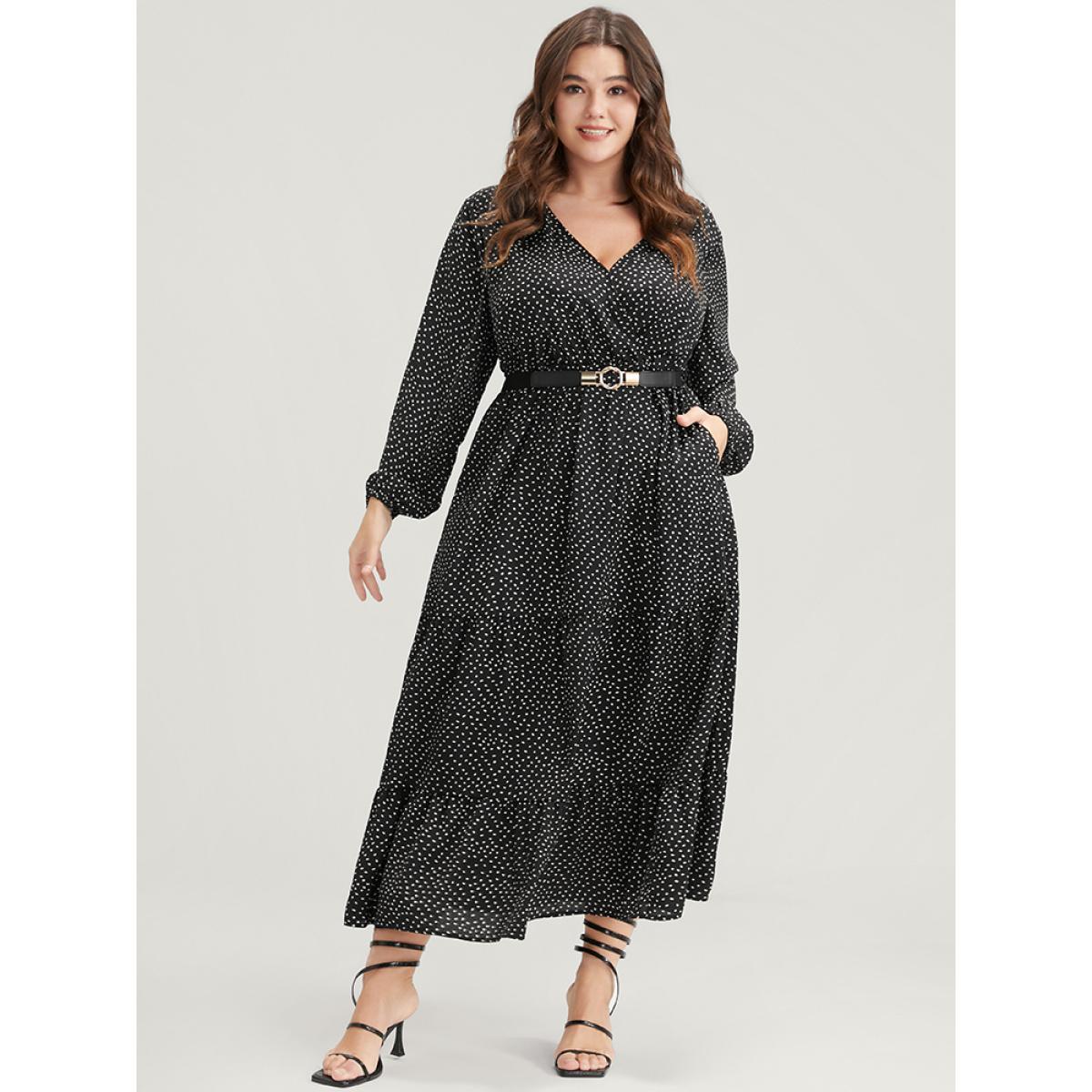 Plus Size Polka Dot Pocket Wrap Ruffles Tiered Dress Without Belt Black Women Elegant Elastic Waist V-neck Long Sleeve Curvy Long Dress BloomChic 18-20/2X Product Image