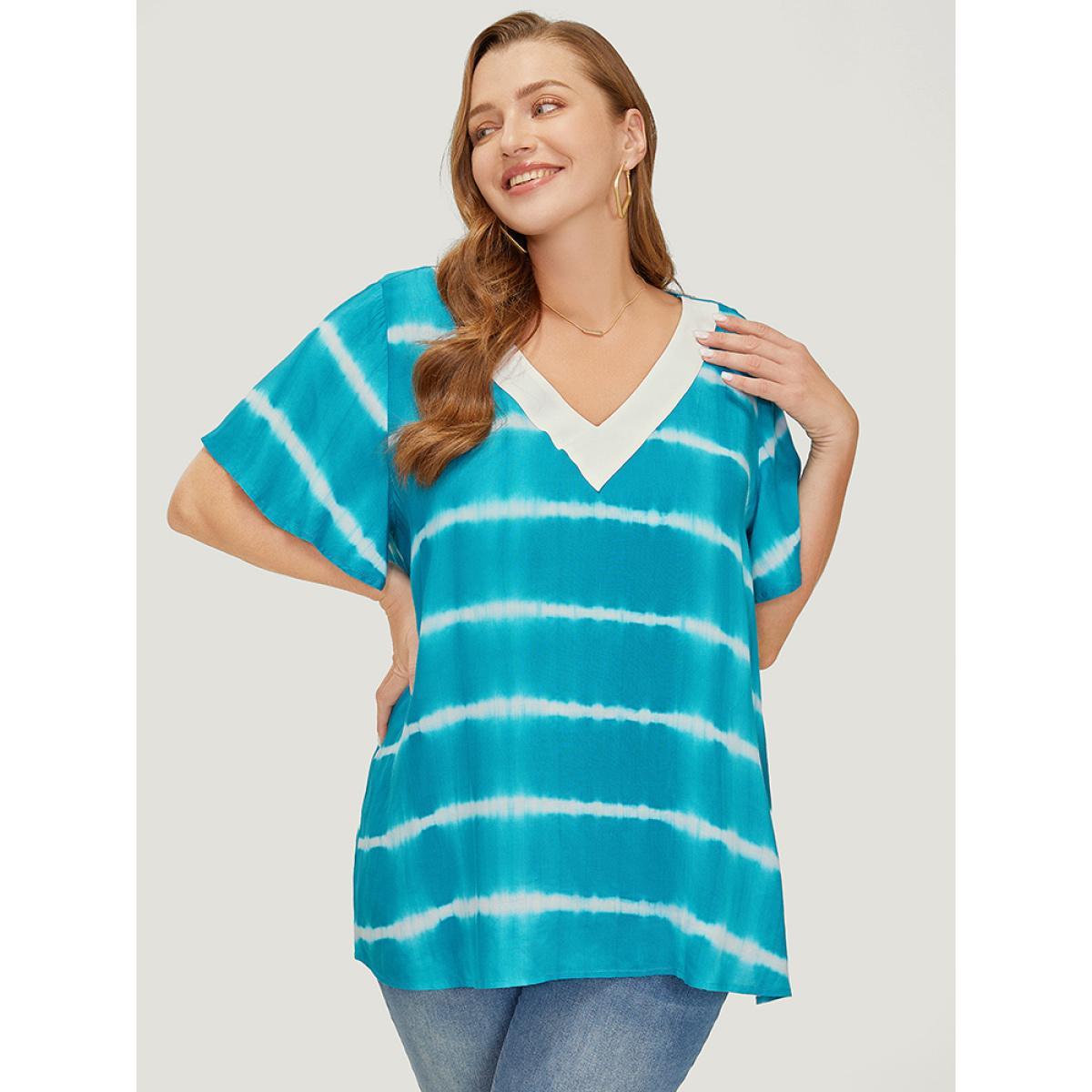 Plus Size Cerulean Tie Dye Contrast Trim Striped Blouse Women Vacation Short sleeve V-neck Dailywear Blouses BloomChic 30/6X Product Image