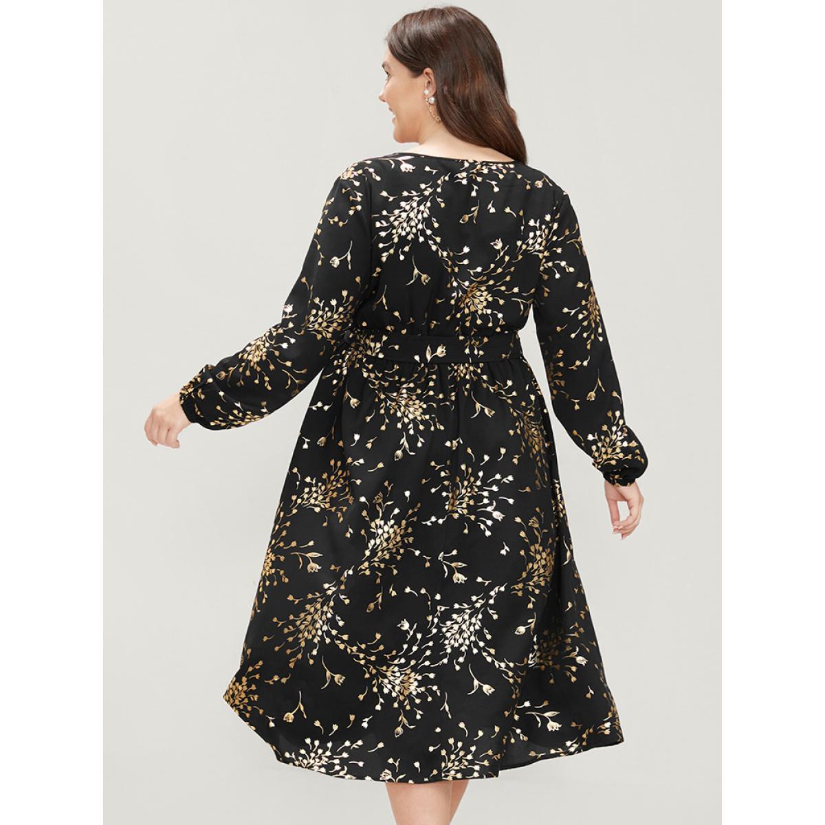 Plus Size Floral Pocket Lantern Sleeve Belted Surplice Neck Dress Black Women Party Belted V-neck Long Sleeve Curvy Midi Dress BloomChic 10/M Product Image
