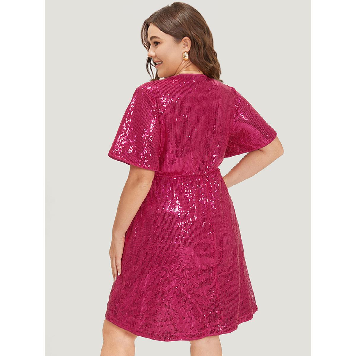 Plus Size Sequin Overlap Collar Elastic Waist Dress RedViolet Women Party Wrap Overlap Collar Short sleeve Curvy Midi Dress BloomChic 28/5X Product Image